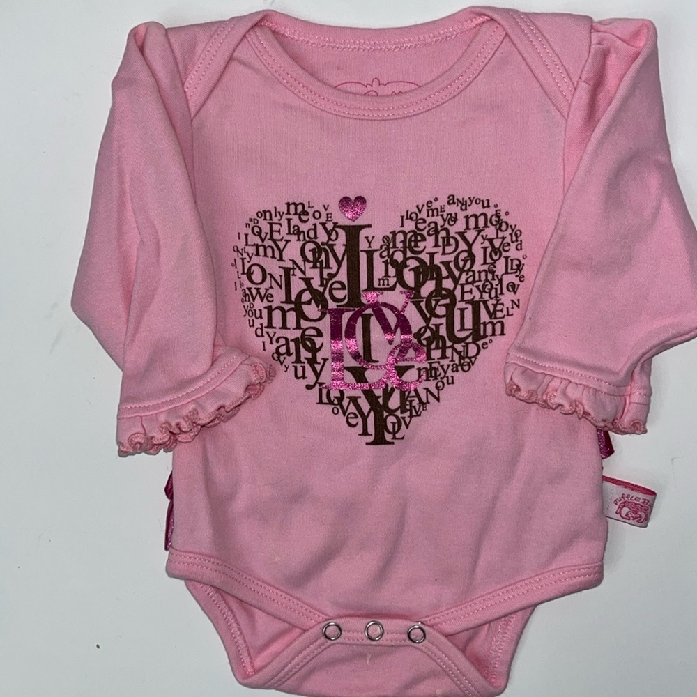 Ruffle Butts pink long sleeve onesie, 100% cotton, size 0-3 months heart graphic